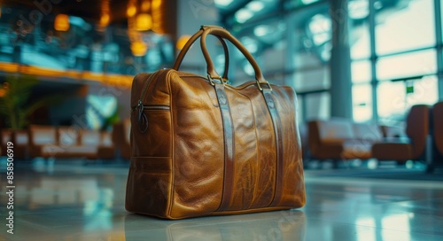 Brown Leather Travel Bag In Airport Lobby
