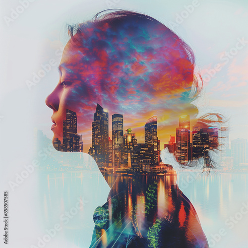 Double exposure: woman sillouhete and the city, emotionally, dreamy, colorful, imagine photo