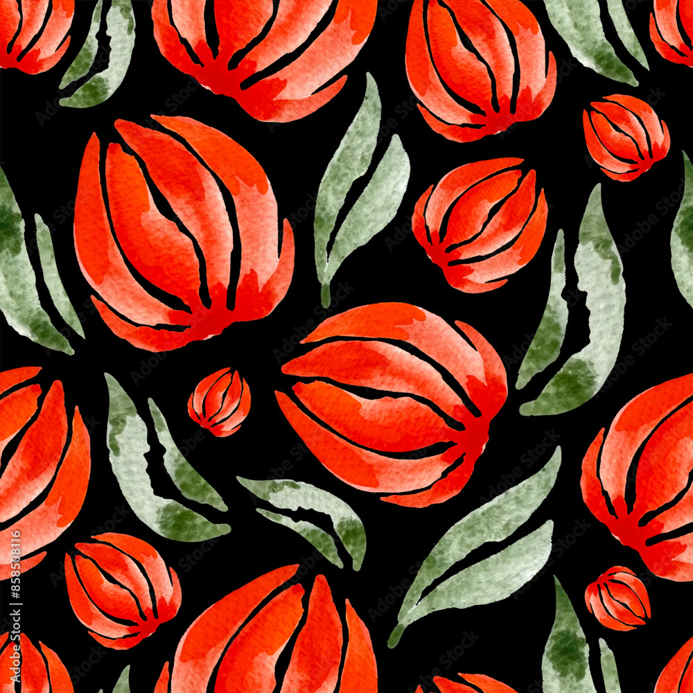 Watercolor abstract red flowers seamless pattern black background