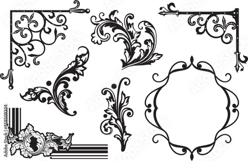 Vintage wrought iron corner ornaments and design elements, vector series. Wedding invitation filigrees. Set of exquisite and very clean wrought iron ornamental designs, vinyl and laser ready.