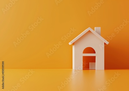 3D illustration of a simple house shape on an orange background