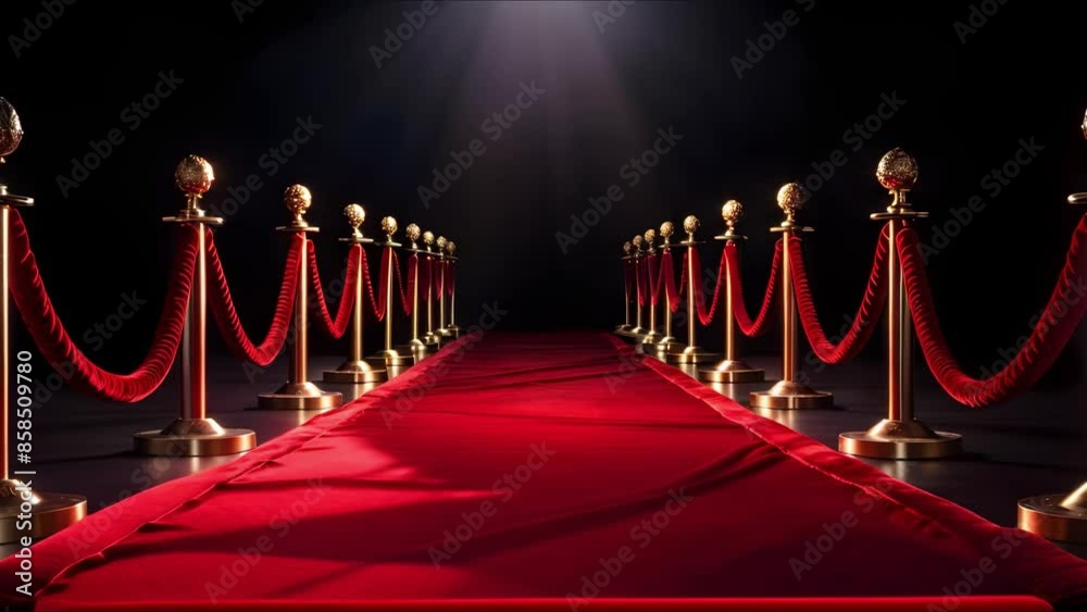 Red carpet with golden barrier on black background isolated. Concept Fashion Photography, Red Carpet Events, Elegant Decor, Glamorous Backdrops, Luxury Aesthetics Red carpet with golden barrier on black background isolated. Concept Fashion Photography, Red Carpet Events, Elegant Decor, Glamorous Backdrops, Luxury Aesthetics