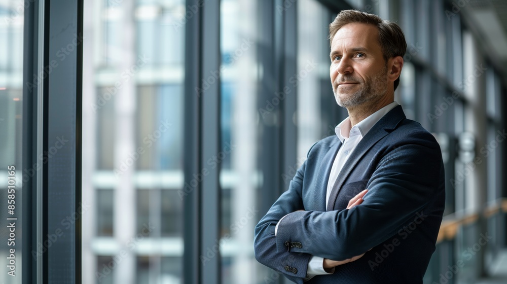 Confident rich businessman standing with crosed arms in big city on background, leadership concept Confident rich businessman standing with crosed arms in big city on background, leadership concept