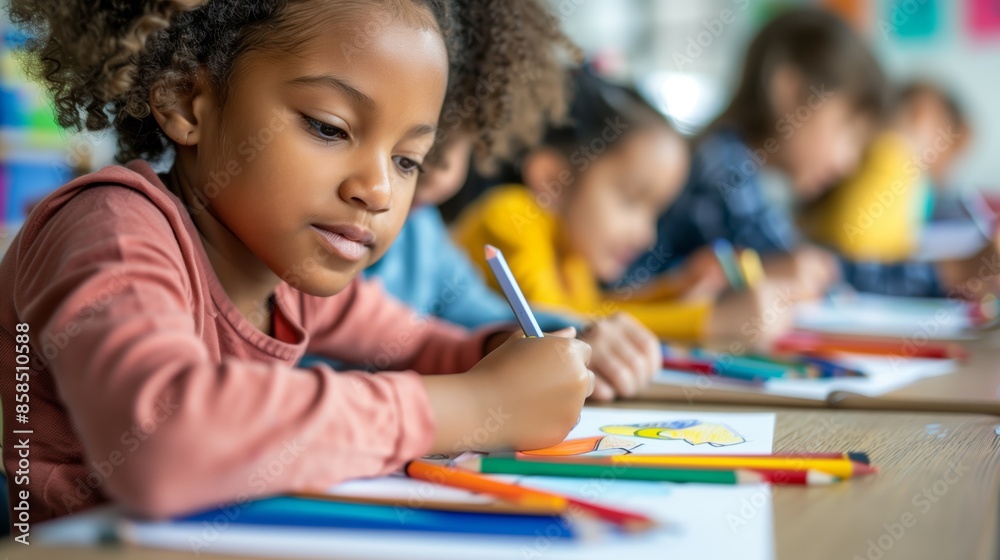 Happy elementary schoolgirl writing and drawing while learning in the classroom, school concept Happy elementary schoolgirl writing and drawing while learning in the classroom, school concept