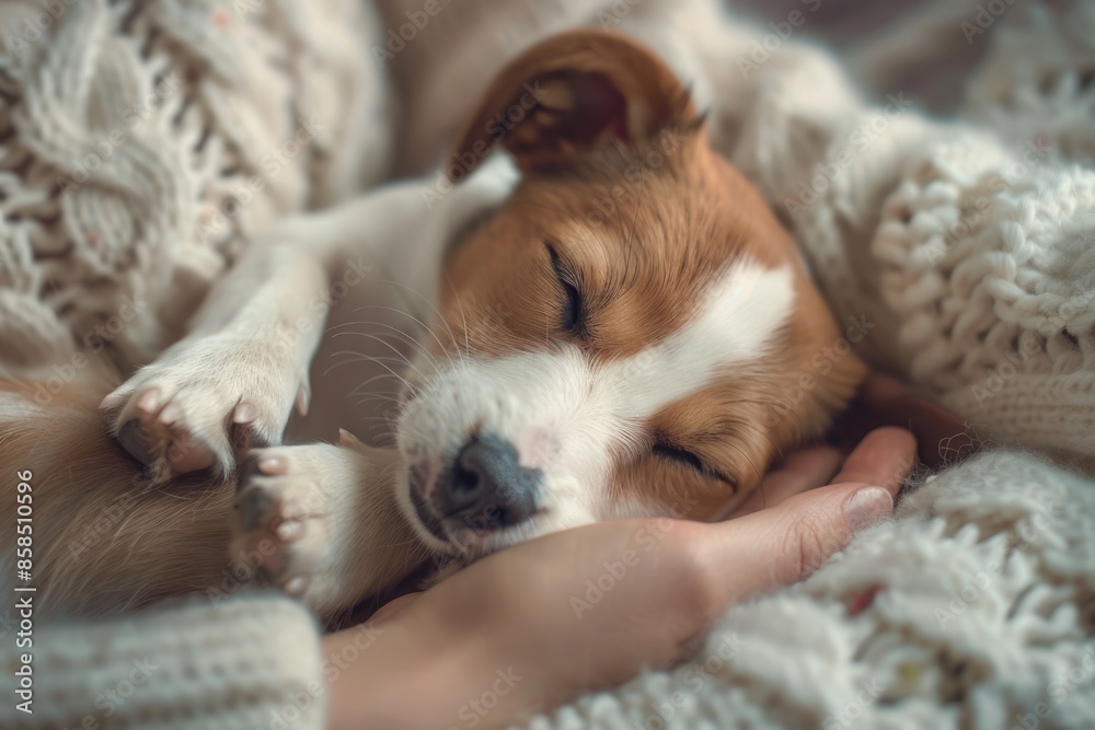 Obraz premium Homely relax. Small dog in sleeps in woman hands.Forever together