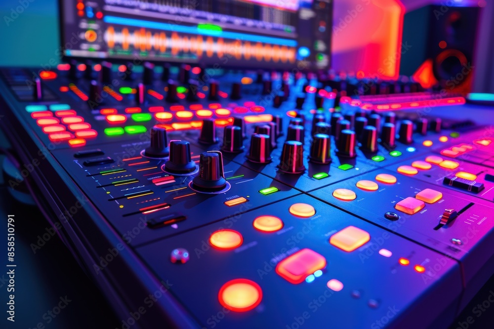 Colorful DJ Mixer Under Neon Lights Colorful DJ Mixer Under Neon Lights