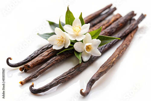 Aromatic Vanilla Sticks and Flowers on Transparent Background