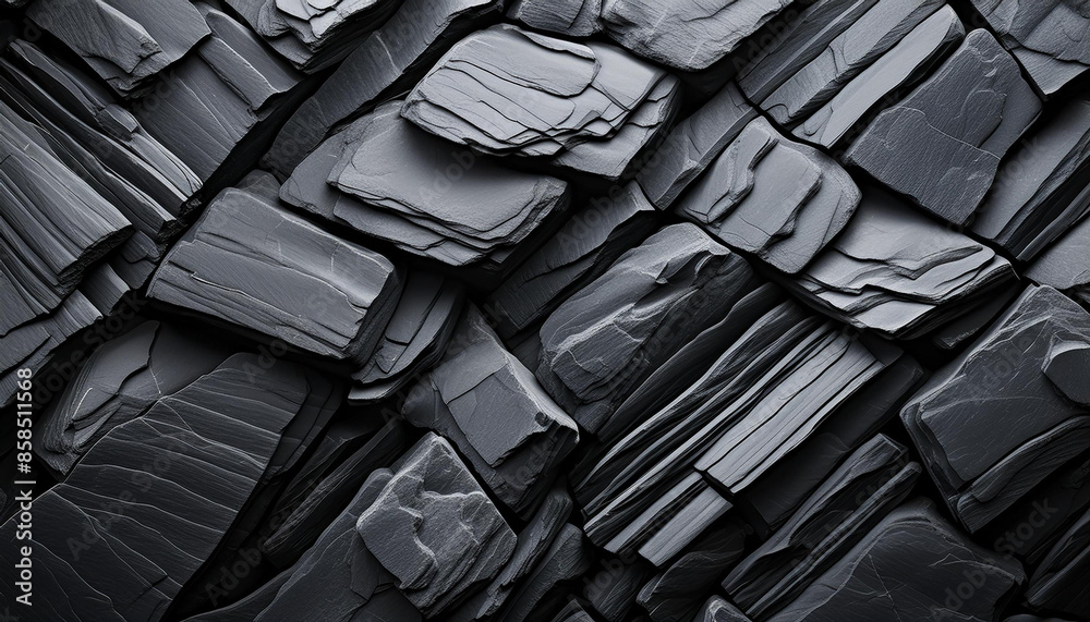 Fototapeta premium Abstract stone rough textured backdrop inspired by basalt rock formations, charcoal gray and black.