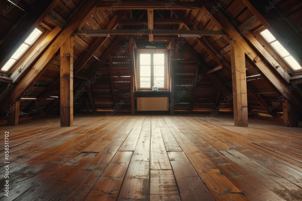 Attic Space. Wide View of Old Parquet Floor with Natural Light in Open Loft Attic Space. Wide View of Old Parquet Floor with Natural Light in Open Loft