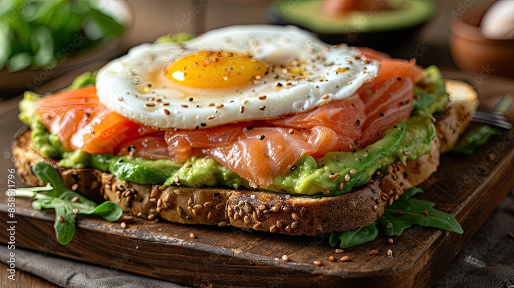 Avocado Dreams Indulge in a healthy and delicious open-faced sandwich featuring creamy avocado, fresh salmon, and a sunny-side-up egg Avocado Dreams Indulge in a healthy and delicious open-faced sandwich featuring creamy avocado, fresh salmon, and a sunny-side-up egg