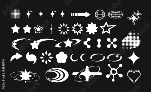 Collection of retro Y2K forms, shapes, 2000s graphic design elements, 00s aesthetic set. Templates for notes, posters, banners, stickers, business cards, logo.
