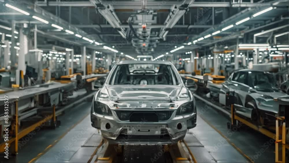 An engineer works on a car assembly line in a futuristic automotive factory. Concept Futuristic Technology, Automotive Industry, Automation in Engineering, Manufacturing Innovation