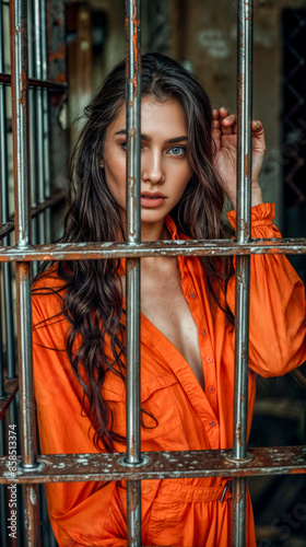 Beautiful young woman in orange shirt behind bars of jail cell.