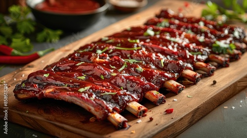 Rib Tickling Delight Juicy barbecue ribs, dripping with savory sauce, create a mouthwatering culinary experience, evoking warmth and comfort photo