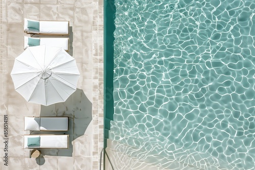 a white umbrella and chairs are next to a pool, top view