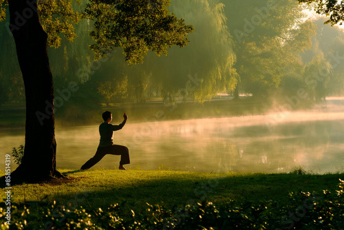 Person practicing tai chi by a serene lake at sunrise surrounded by misty trees photo