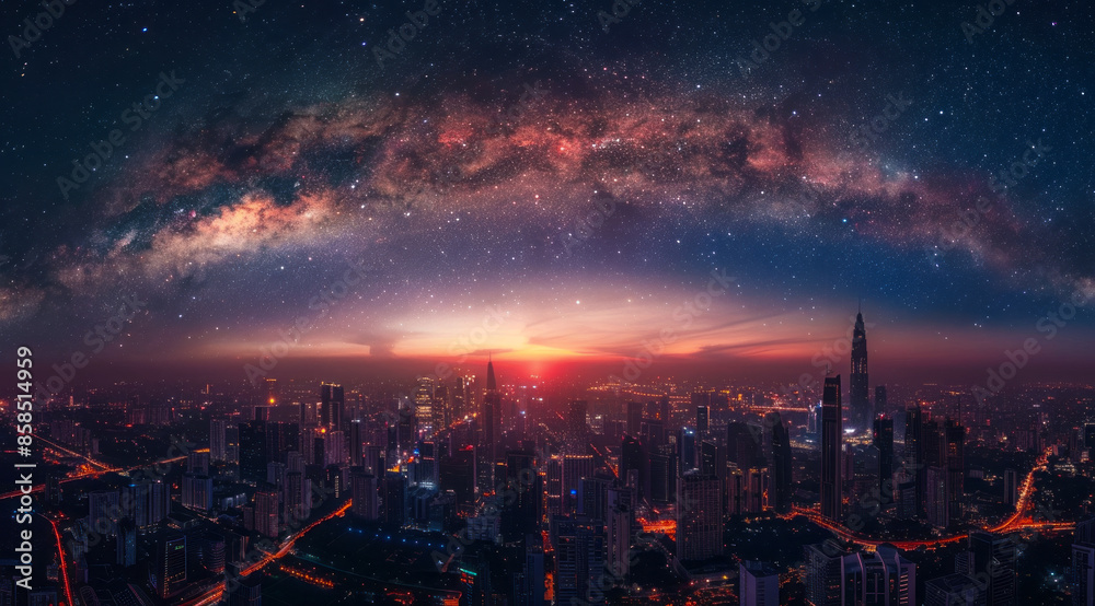 Fototapeta premium Aerial view of typical financial business city center skyline at sunset.