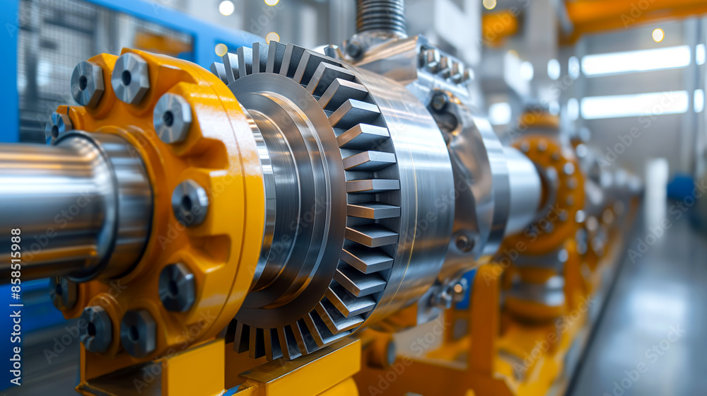 Close-up view of a mechanical gearbox component in a factory setting, highlighting the complex gears and machinery used in industrial manufacturing. Close-up view of a mechanical gearbox component in a factory setting, highlighting the complex gears and machinery used in industrial manufacturing.