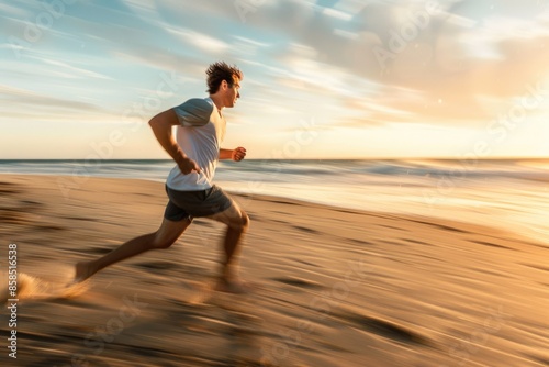 A person runs along a beach with the sunset reflecting off the wet sand and waves in the background. AIG58