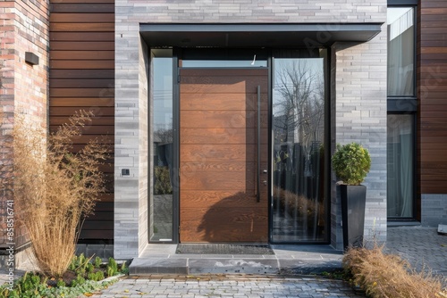 Modern entrance, simple wooden front door 