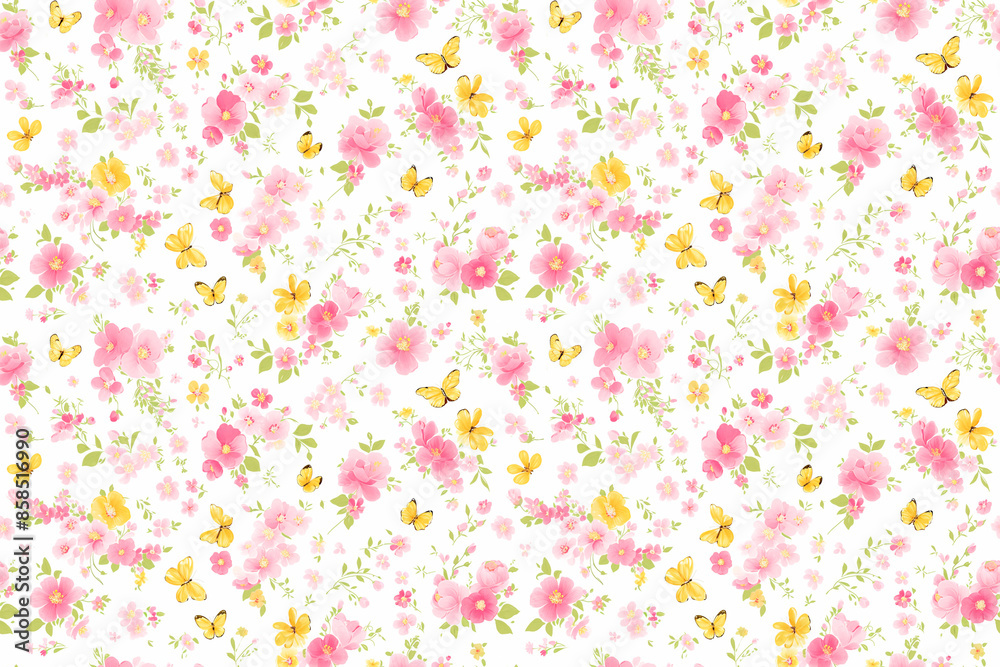 A charming seamless pattern with pink and yellow flowers and butterflies on a white background, perfect for whimsical and playful decor themes A charming seamless pattern with pink and yellow flowers and butterflies on a white background, perfect for whimsical and playful decor themes