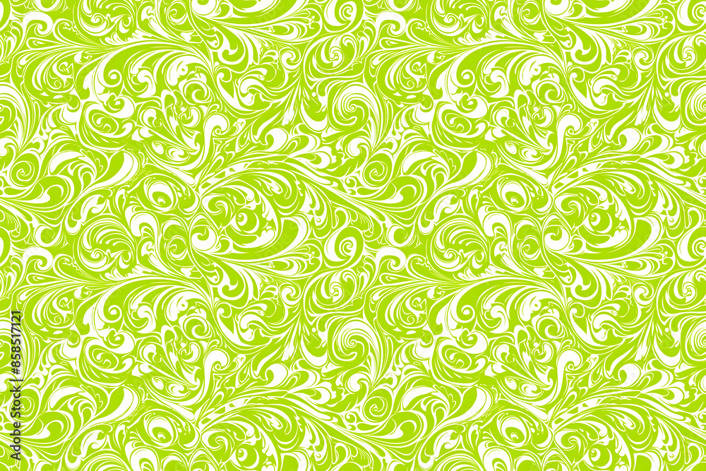A seamless pattern with intricate green and white swirling designs, creating a lively and dynamic tile ornament ideal for vibrant decor. A seamless pattern with intricate green and white swirling designs, creating a lively and dynamic tile ornament ideal for vibrant decor.