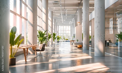 The room was white with many tall pillars and potted plants