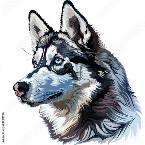 A black and white drawing of a siberian husky dog