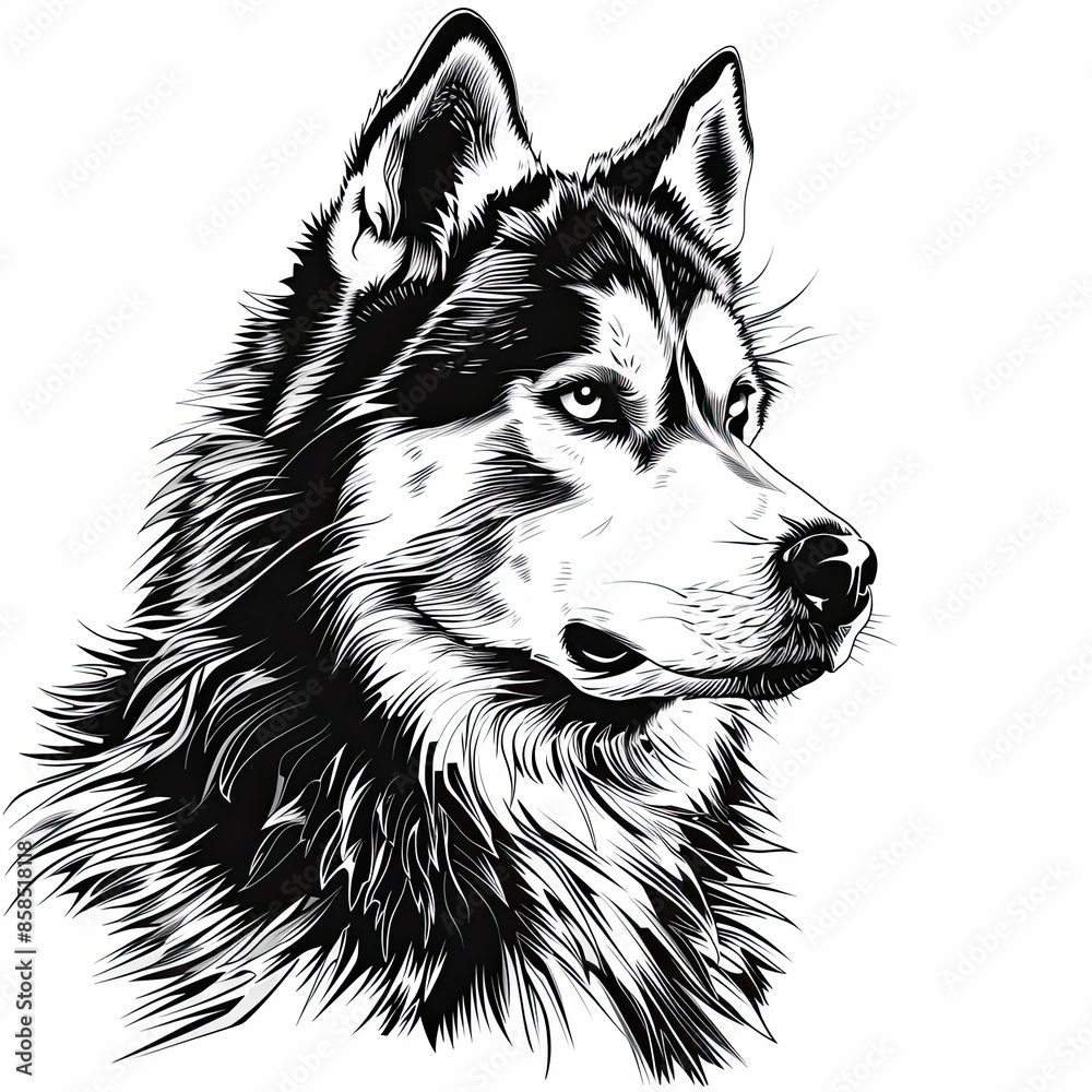 A black and white drawing of a siberian husky dog