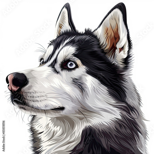 A black and white drawing of a siberian husky dog