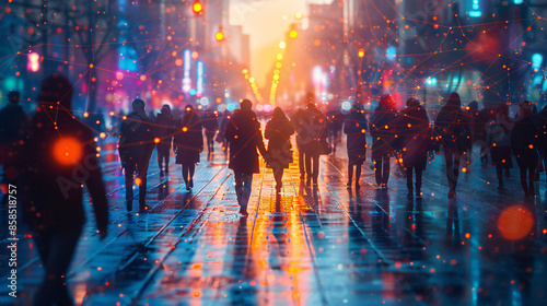 Street people walking in the city with internet network connection, pubic wifi service, wireless technology, social media concept
