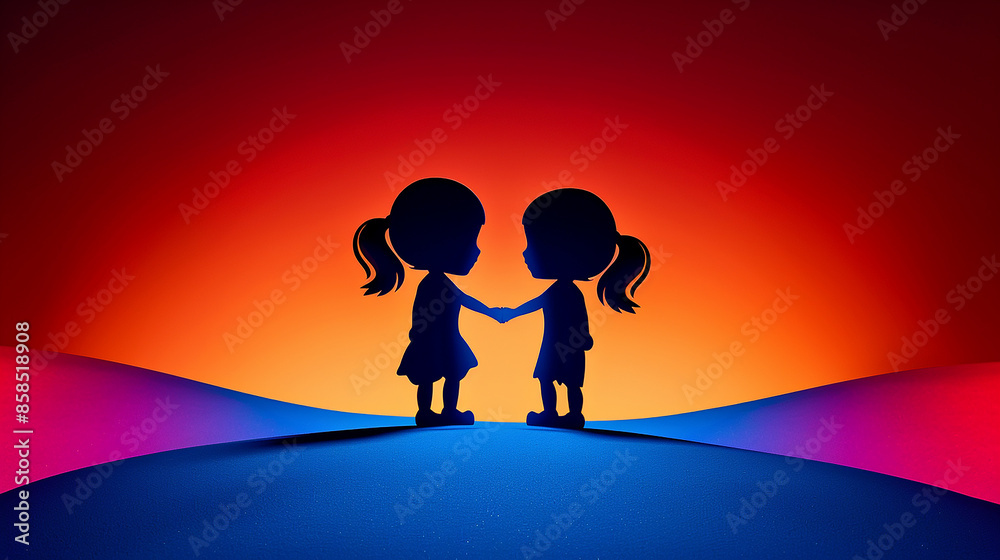 Fototapeta premium Friendship Day Illustration, Two little girls holding hands in the background of a red and blue gradient