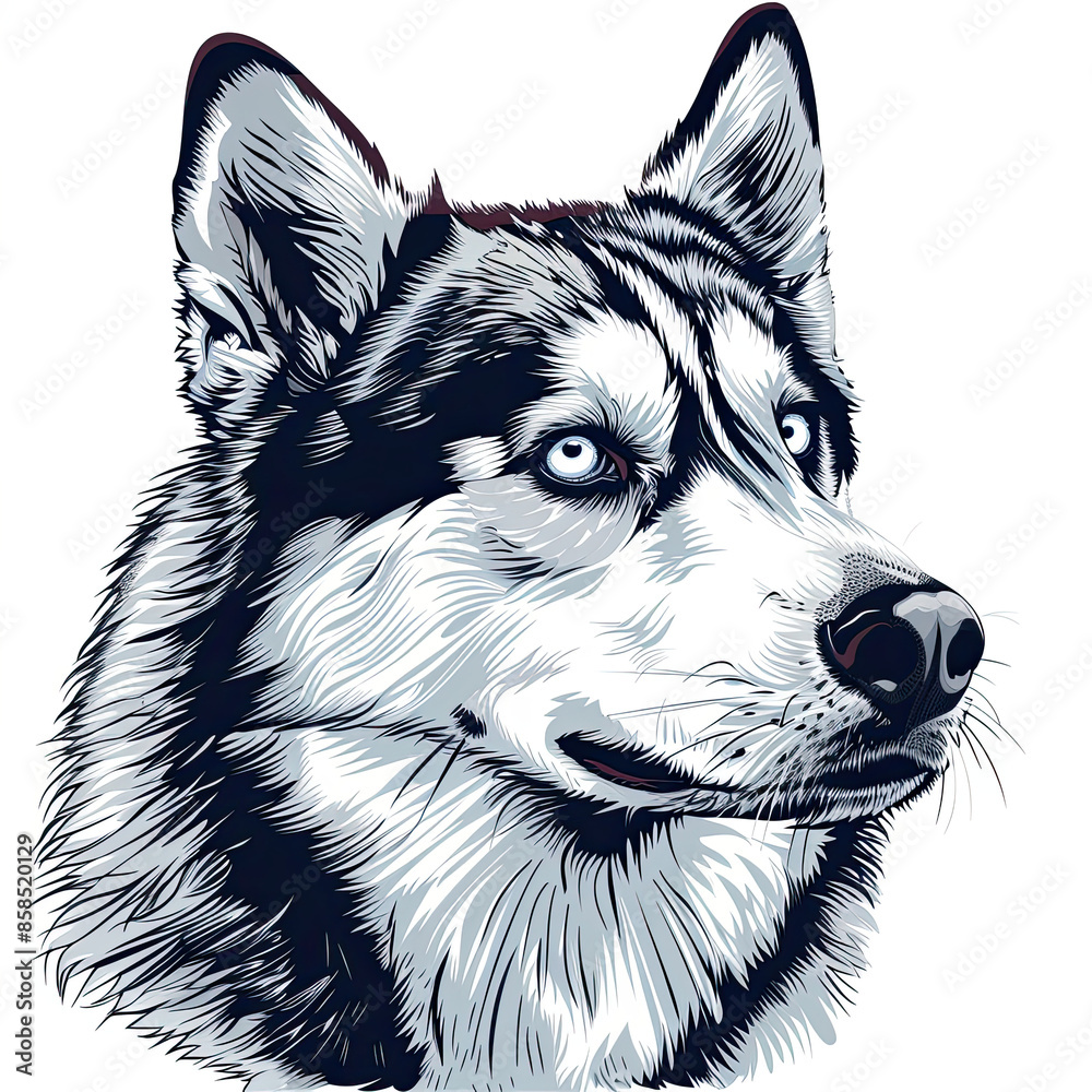 A black and white drawing of a siberian husky dog A black and white drawing of a siberian husky dog