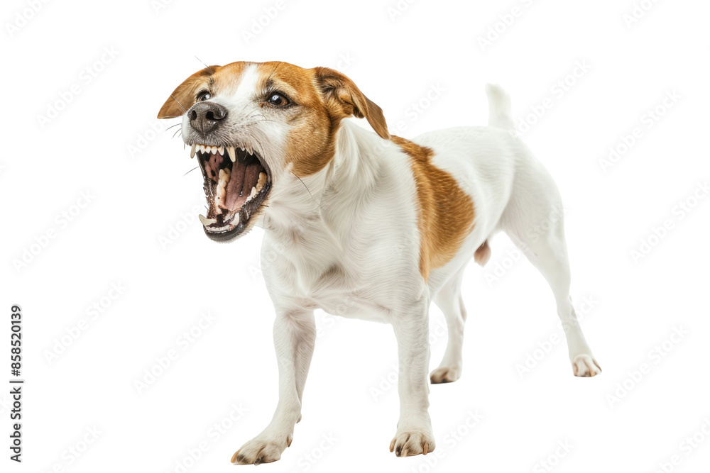 Close-up of an aggressive dog barking with its teeth bared, isolated on white background Close-up of an aggressive dog barking with its teeth bared, isolated on white background