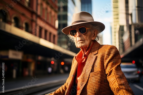Elderly gentleman crossing pedestrian walkway, seen in full profile view while walking