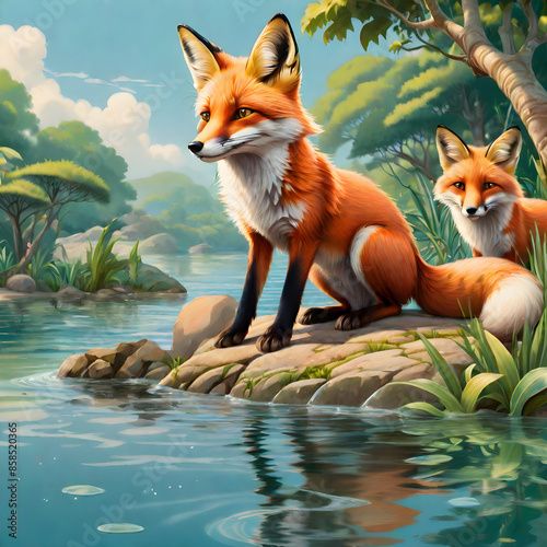 Foxes by the forest river.