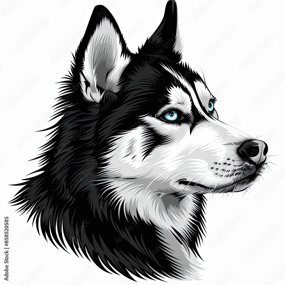 A black and white drawing of a siberian husky dog