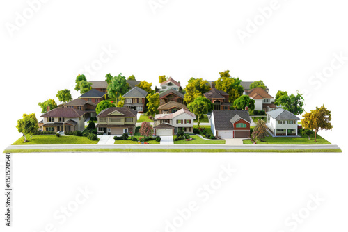 Row of detailed miniature model houses in suburban neighborhood isolated on white background