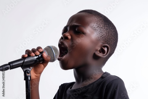 Emotional young African American boy singing with microphone on white background. photo