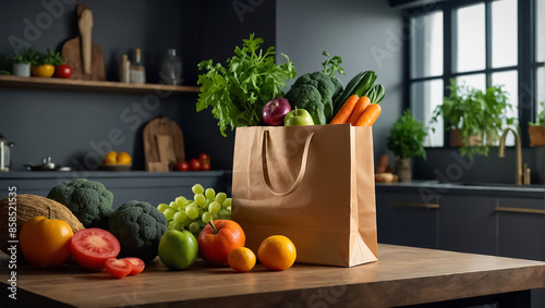Fototapeta Naklejka Na Ścianę i Meble -  Various fruits and vegetables in a paper bag on the table in the kitchen