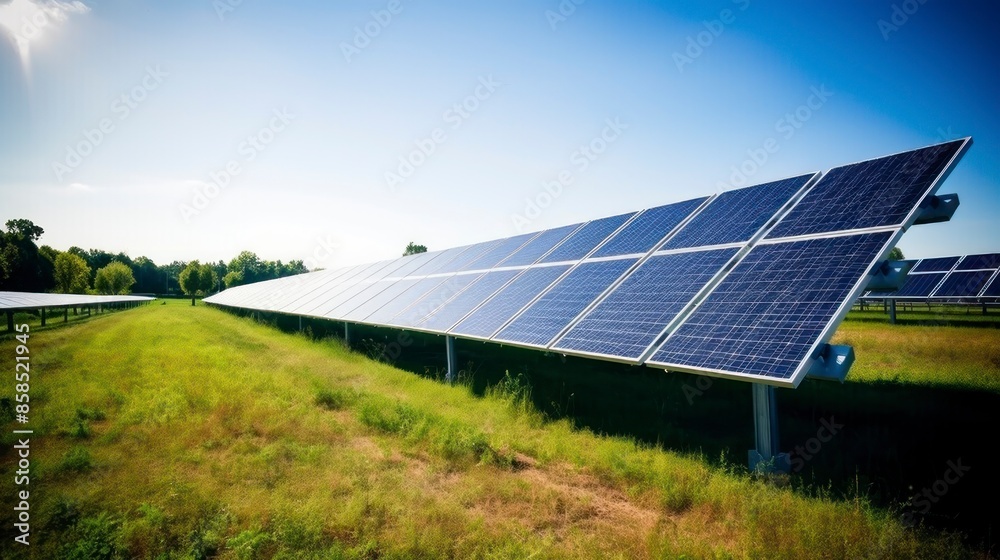 Solar energy panels in a green field with blue sky and sun Solar energy panels in a green field with blue sky and sun