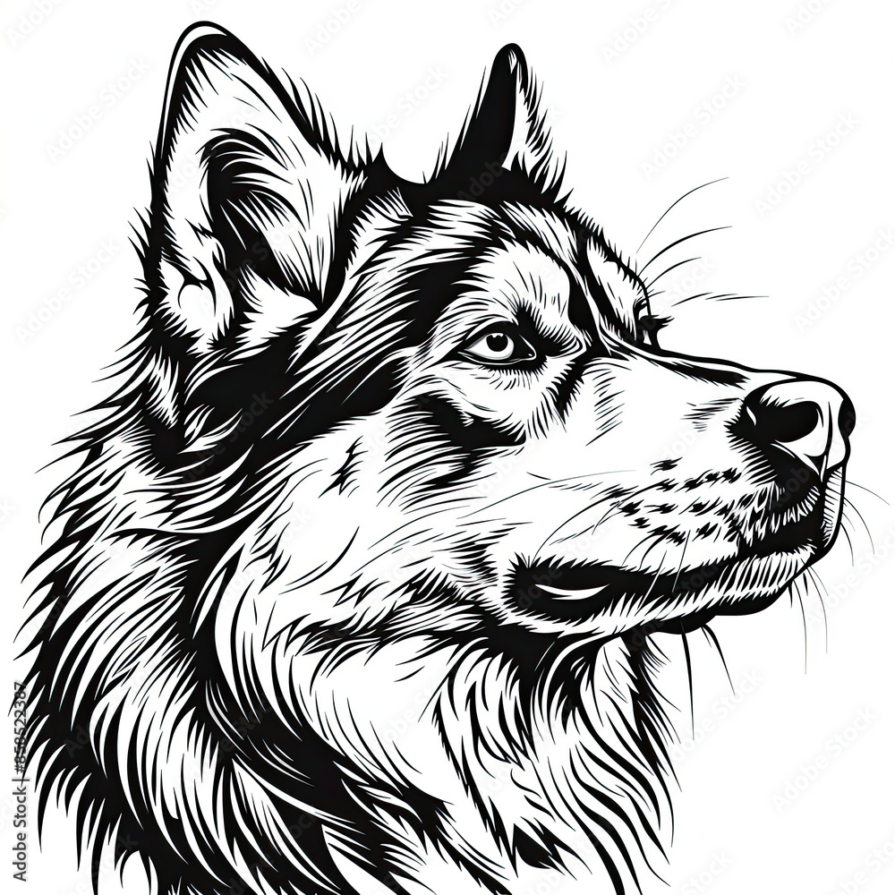 A black and white drawing of a siberian husky dog A black and white drawing of a siberian husky dog