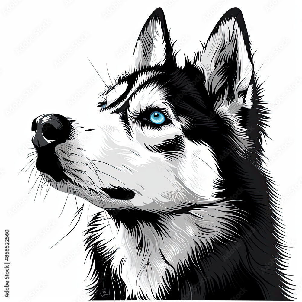 A black and white drawing of a siberian husky dog A black and white drawing of a siberian husky dog