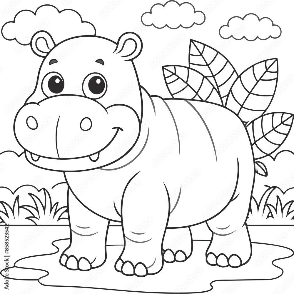 Fototapeta premium Adorable Hippopotamus Coloring Page for Kids and Adults to Enjoy