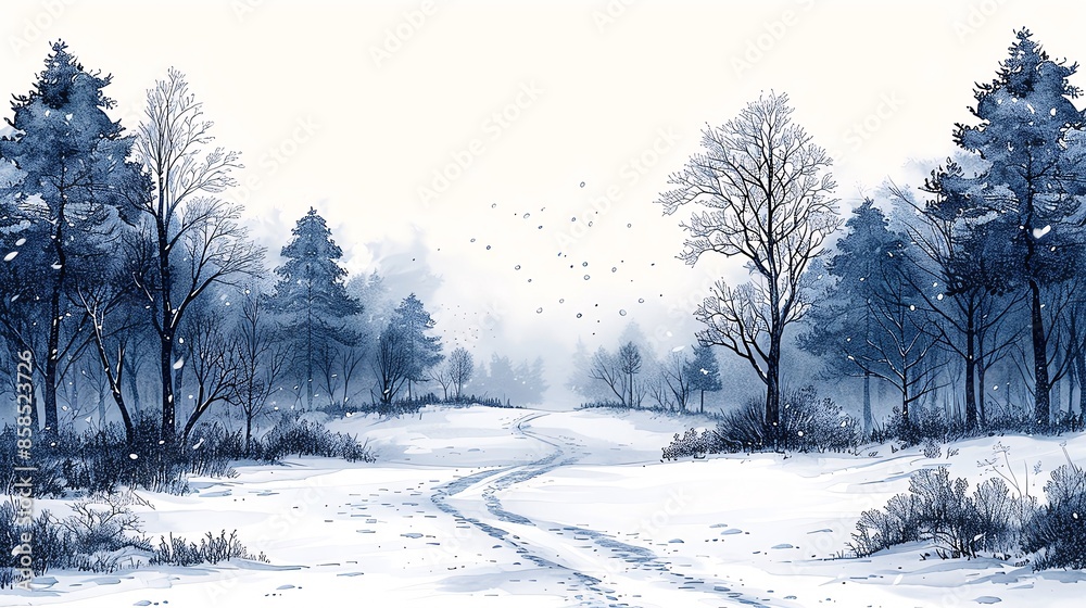 Obraz premium Winter forest paths at the edges, clear space in the middle, inviting winter walk, serene handdrawn landscape, perfect for peaceful nature designs