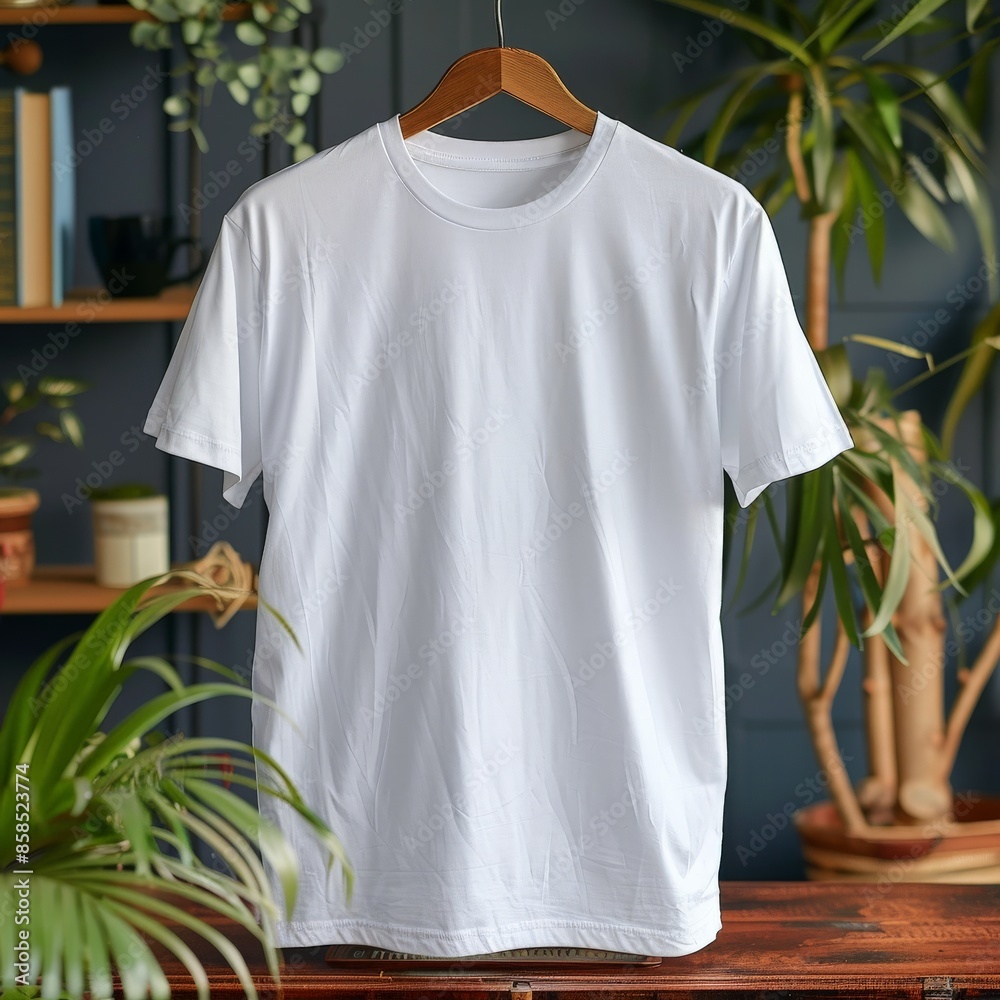 White T-Shirt Hanging on Wooden Hanger in Indoor Setting White T-Shirt Hanging on Wooden Hanger in Indoor Setting