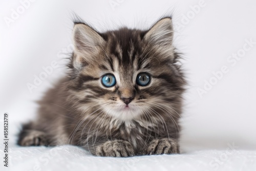 Fluffy Cat White Background. Adorable Closeup of British Longhair Kitten with Beautiful Blue Eyes © AIGen