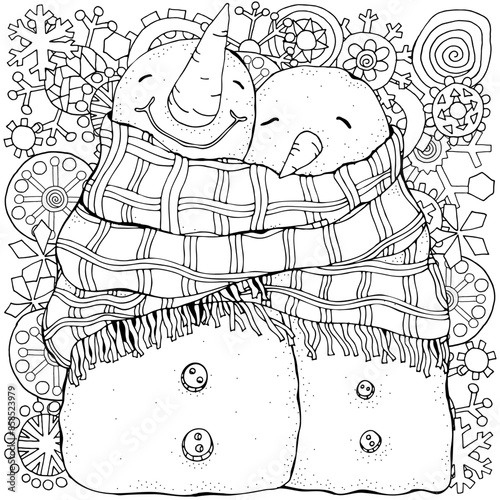 Cute Pair of Snowmen. Love. Snowflakes. Winter, snow, sled, carrot, buttons. Merry Christmas, Happy New Year. Pattern for adult coloring book. Black and white.	