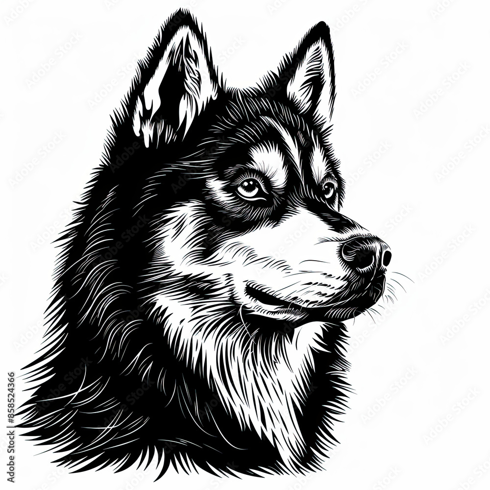 A black and white drawing of a siberian husky dog A black and white drawing of a siberian husky dog
