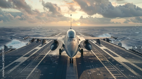 Sunset view of landing jet on aircraft carrier in ocean. Military and war concept photo